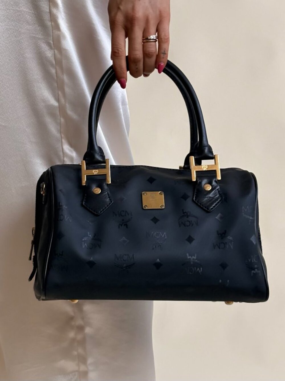 Authentic MCM Black Visetos Boston Bag Satchel Gold Hardware Top Handle Handbag